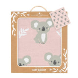 Baby blanket with koala design in packaging, featuring the brand 'Living Textiles'.