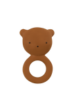 Brown bear-shaped teething ring on a white background