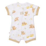 A white short-sleeve baby romper with a cute animal print featuring sheep, chicks, and hay bales, finished with beige ribbed trim on the sleeves, legs, and crotch.