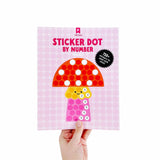 Sticker book titled 'Sticker Dot by Number' with a mushroom design on a pink background.