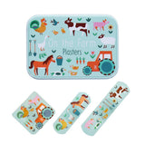 Plaster set with farm-themed design on a blue tin lid