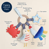 Baby toy with various attachments and features labeled on a beige background
