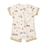 A baby romper in cream with a vintage car and scooter print, featuring beige ribbed trim on the sleeves, leg openings, and collar, and a front zipper closure.