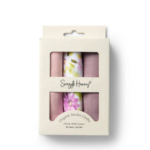 Pack of organic muslin cloths with floral patterns in a 'Snuggle Hunny' branded box on a white background.