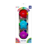 Ooly Color Burst non-toxic grip crayons in a 3-pack, featuring a red, blue, and purple crayon set inside a white retail packaging card.