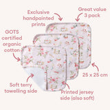 Three floral-patterned baby洗礼 pads with text highlighting features on a white background