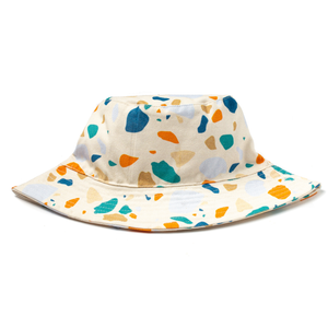 Colorful bucket hat with abstract pattern on a white background