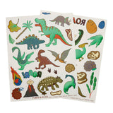 Two sheets of Fluss & Rock dinosaur stickers on a white background, featuring colorful illustrations of various dinosaurs, fossils, plants, and volcanoes.