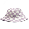 Purple and white checkered bucket hat on a white background