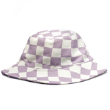 Purple and white checkered bucket hat on a white background