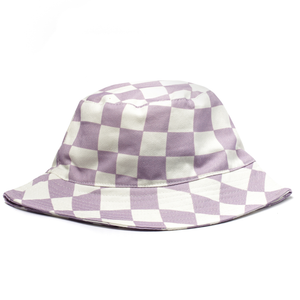 Purple and white checkered bucket hat on a white background