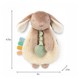 Plush bunny toy with rattle and teether, shown with measurements on a white background