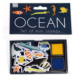 Set of ocean-themed mini stamps with ink pads in packaging