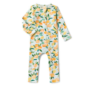 Baby onesie with lemon pattern on a white background