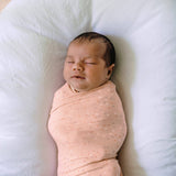 Newborn baby swaddled in a pink blanket on a white background