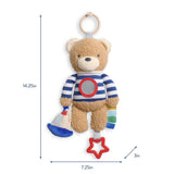 Teddy bear-shaped toy with striped shirt and mirror, featuring dimensions on a white background