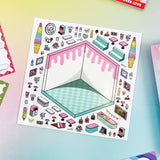 Sticker sheet with colorful illustrations on a gradient background