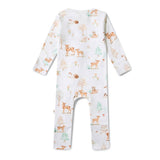 Baby onesie with forest animal pattern on a white background