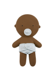 Brown plush toy with a white diaper on a white background