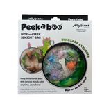 Packaging of a 'Peekaboo Hide and Seek Sensory Bag' by Jellystone with dinosaur design.