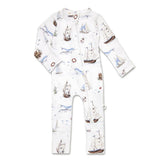 Children's onesie with ship pattern on a white background