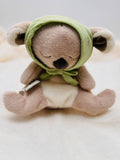 Plush toy bear wearing a green hood on a light background