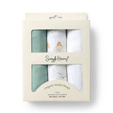 Snuggle Hunny organic muslin wraps packaging with two wraps inside on a white background