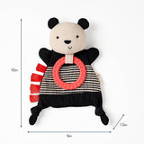 Panda-shaped toy with a red ring, black and white striped body, and measurement details on a white background