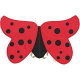 Red butterfly costume with black spots on a white background