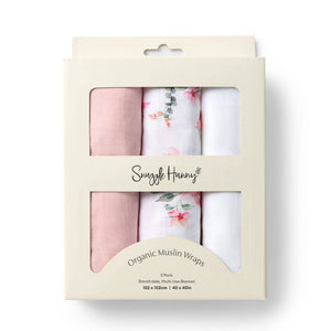 Pack of organic muslin wraps with floral patterns in a Snuggle Hunny branded box.