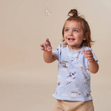 Snuggle Hunny Taking Flight organic cotton short sleeve toddler top in Size 1 featuring a colourful aeroplane and helicopter print.