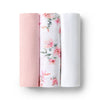Three fabric swatches in pink, white with floral pattern, and another white color on a white background.