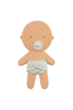 Baby doll with a pacifier and diaper on a white background