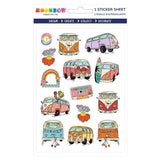 Sticker sheet with colorful vans and decorative elements on a white background