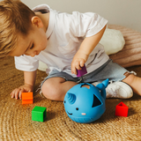 Child playing with colorful blocks and a blue toy on a carpeted floor.