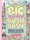 Illustrated poster for a 'Big Aussie Animals Bush Bash' event with colorful design and text.