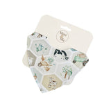 Hexagonal fabric swatch with nature-themed design on a white background, branded 'Mini & Me'.