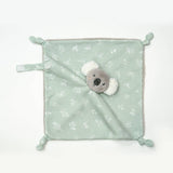 Light green baby comfort blanket with a koala plush toy on a white background