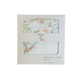 A boxed towel and washcloth set from Mini & Me, featuring two floral-patterned cloths visible through a clear window on a white package.