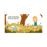Illustration of a girl and a dog in a park with text about the dog's playfulness.