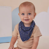 Snuggle Hunny Starry Night Organic Dribble Bib featuring a celestial-inspired print, a practical organic baby bib for everyday dribbles and teething.