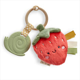 Strawberry-themed teething toy with green ring and brown handle on a white background