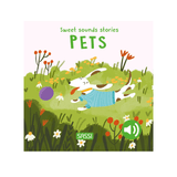 Book cover of 'Sweet Sounds Stories: Pets' with a cartoon dog in a field.