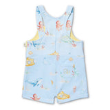 A baby's short overall romper in light blue with a watercolor-style undersea print featuring octopuses, whales, jellyfish, and seashells. The romper has adjustable shoulder straps, a front pocket with 'SH' monogrammed on it, and a snap closure at the crotch, shown against a plain white background.