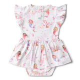 Baby girl's outfit with mermaid and teddy bear pattern on a white background