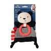 Panda-shaped toy with a red ring on a blue packaging background