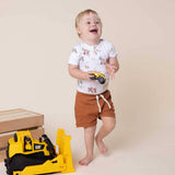 Snuggle Hunny Biscuit organic cotton toddler shorts in warm brown, Size 1, featuring ribbed fabric and an elasticated waistband.