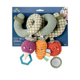Itzy Bitzy Spiral toy with checkered snake, purple ball, orange carrot, and red apple on packaging