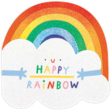 Colorful rainbow with clouds and 'Happy Rainbow' text on a white background
