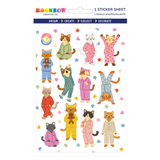 Sticker sheet with cartoon cats in pajamas and various accessories on a white background.